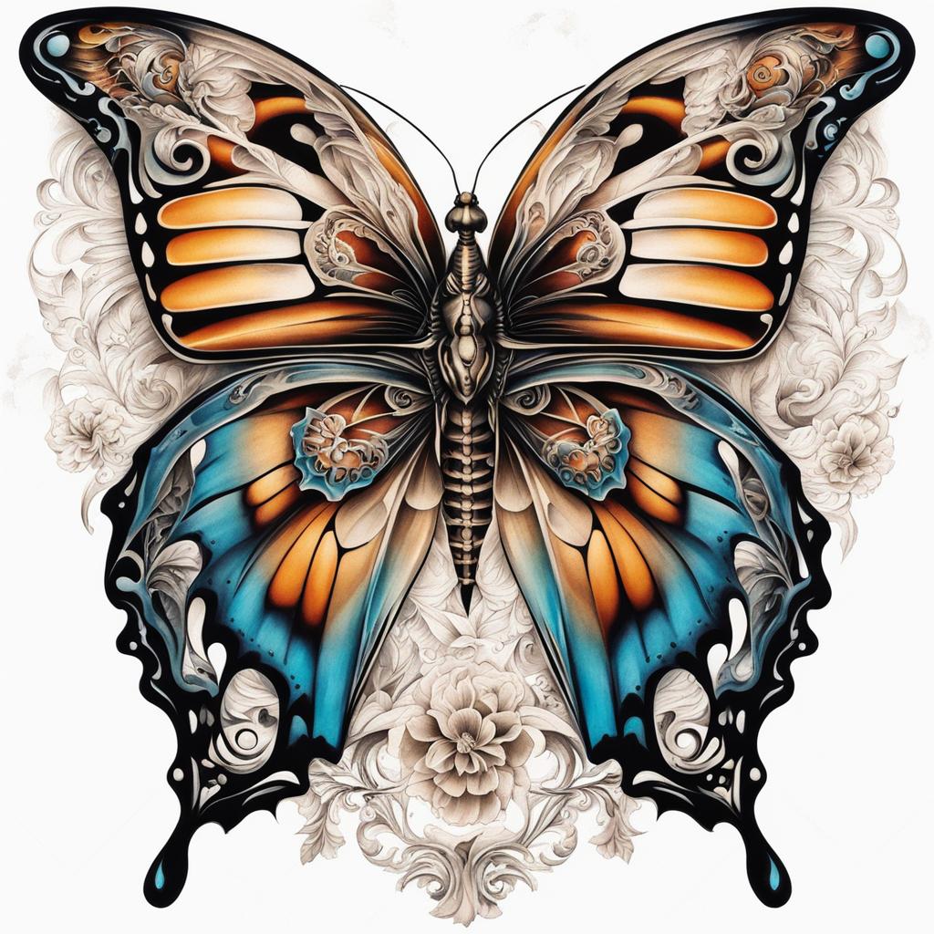 Skeleton butterfly tattoo, A unique and artistic combination of a butterfly and skeletal elements in tattoo art.  viviid colors, white background, tattoo design