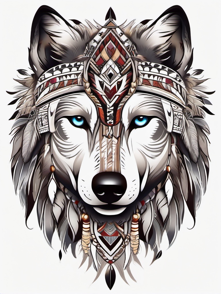 Wolf and Indian Tattoo,tattoo showcasing both a wolf and indigenous motifs, fusion of cultures. , color tattoo design, white clean background