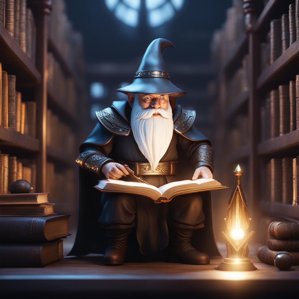 gnome wizard,enid shadowcaster,deciphering an ancient arcane tome,a dimly lit library ground level shot, 8k resolution, cinema 4d, behance hd, polished metal, unreal engine 5, rendered in blender, sci-fi, futuristic, trending on artstation, epic, cinematic background, dramatic, atmospheric