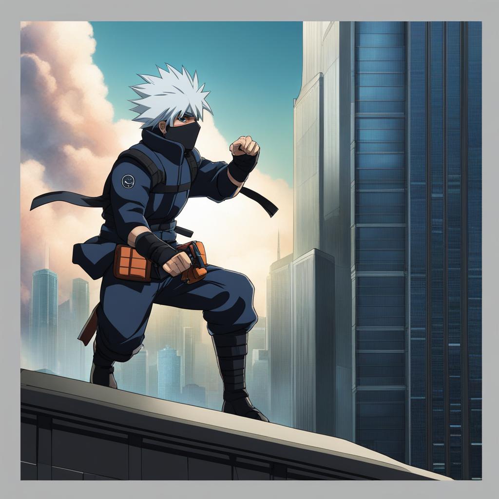 kakashi hatake engages in a high-speed duel among towering skyscrapers. 