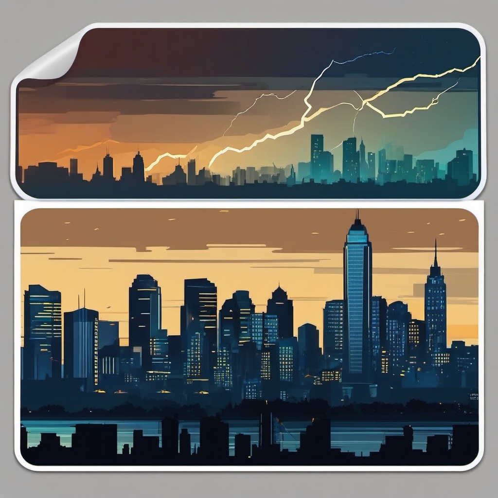 Lightning over city skyline at night sticker- Urban drama, , sticker vector art, minimalist design