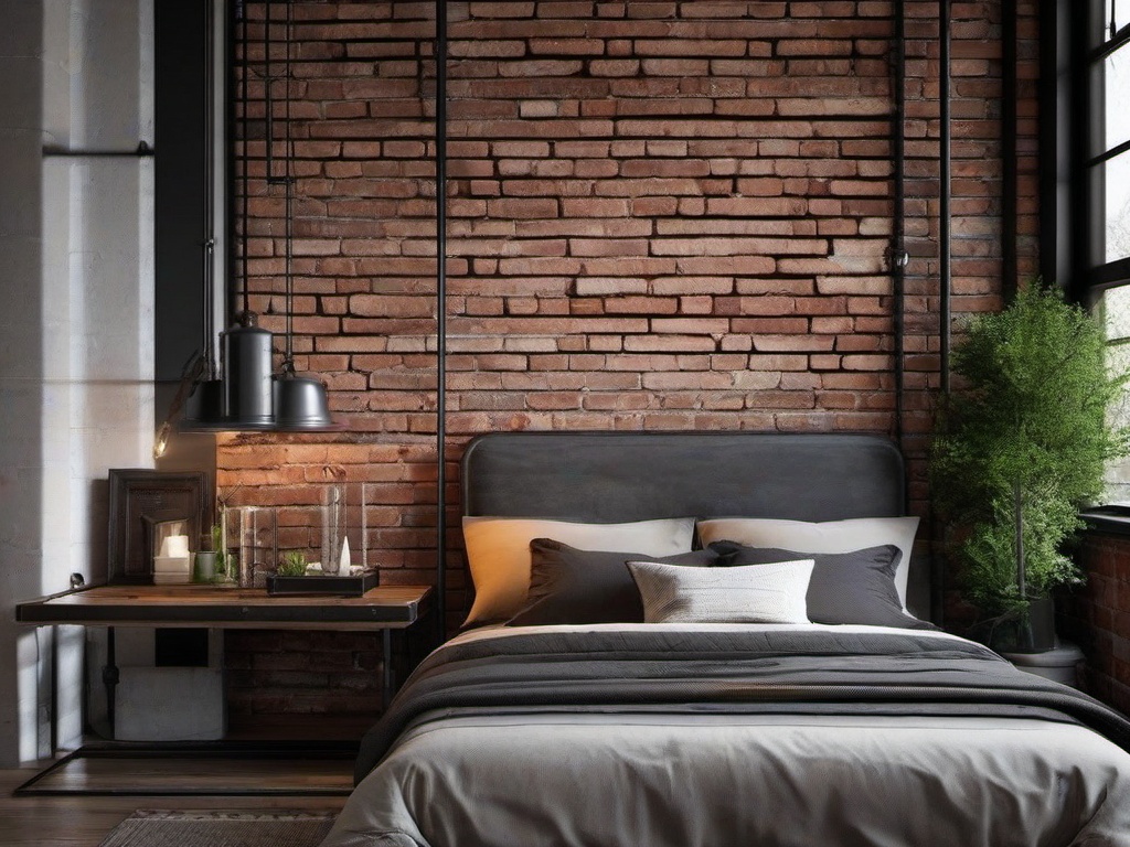 Industrial bedroom incorporates exposed brick walls, metal accents, and practical furnishings for a stylish urban vibe.  