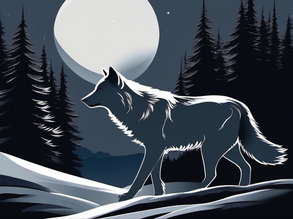 Gray Wolf Tattoo,ghostly silhouette of a lone gray wolf, silently prowling through the moonlit wilderness. , tattoo design, white clean background