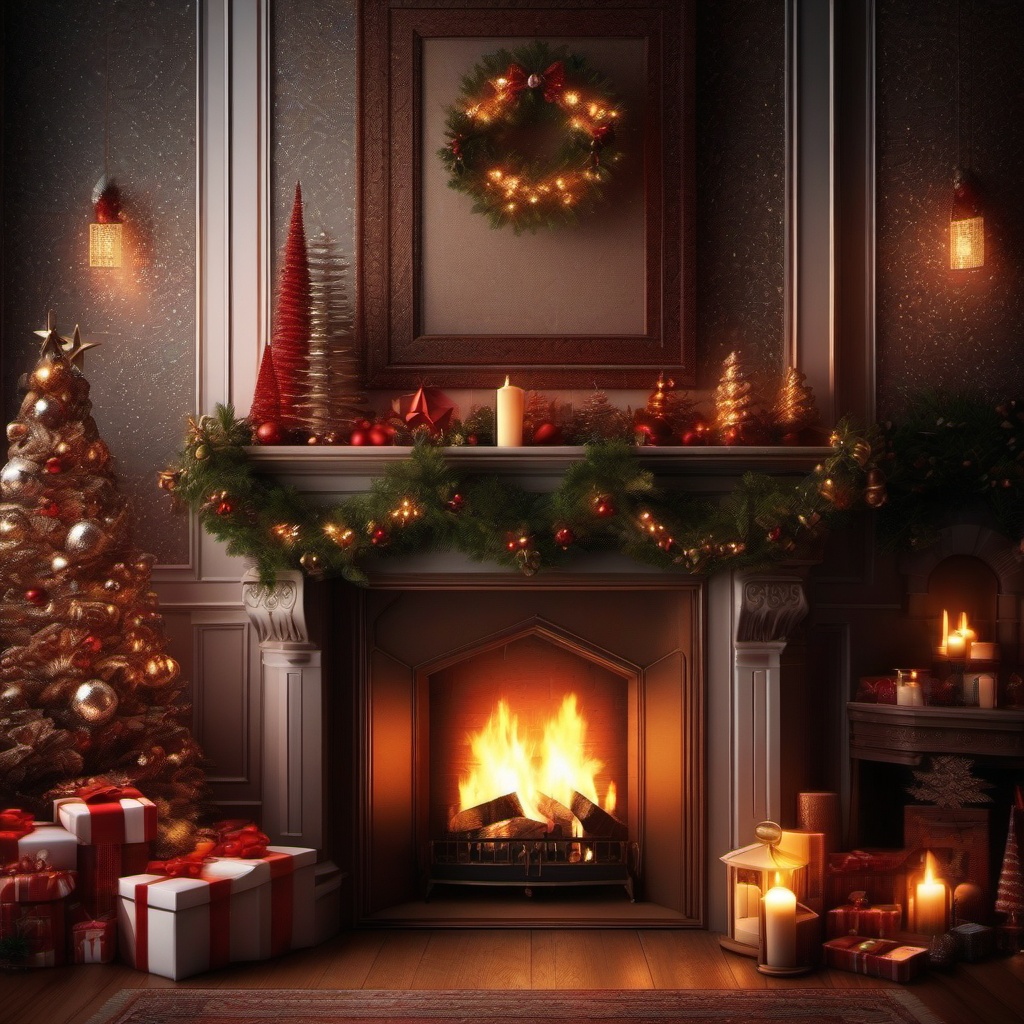 Cozy Fireplace Christmas Background intricate details, patterns, wallpaper photo