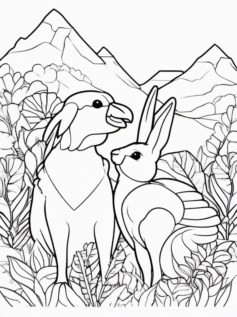 Turkey and Rabbit Coloring Pages - Unlikely Friends in a Fun Scene  minimal black outline printable sheet, coloring page