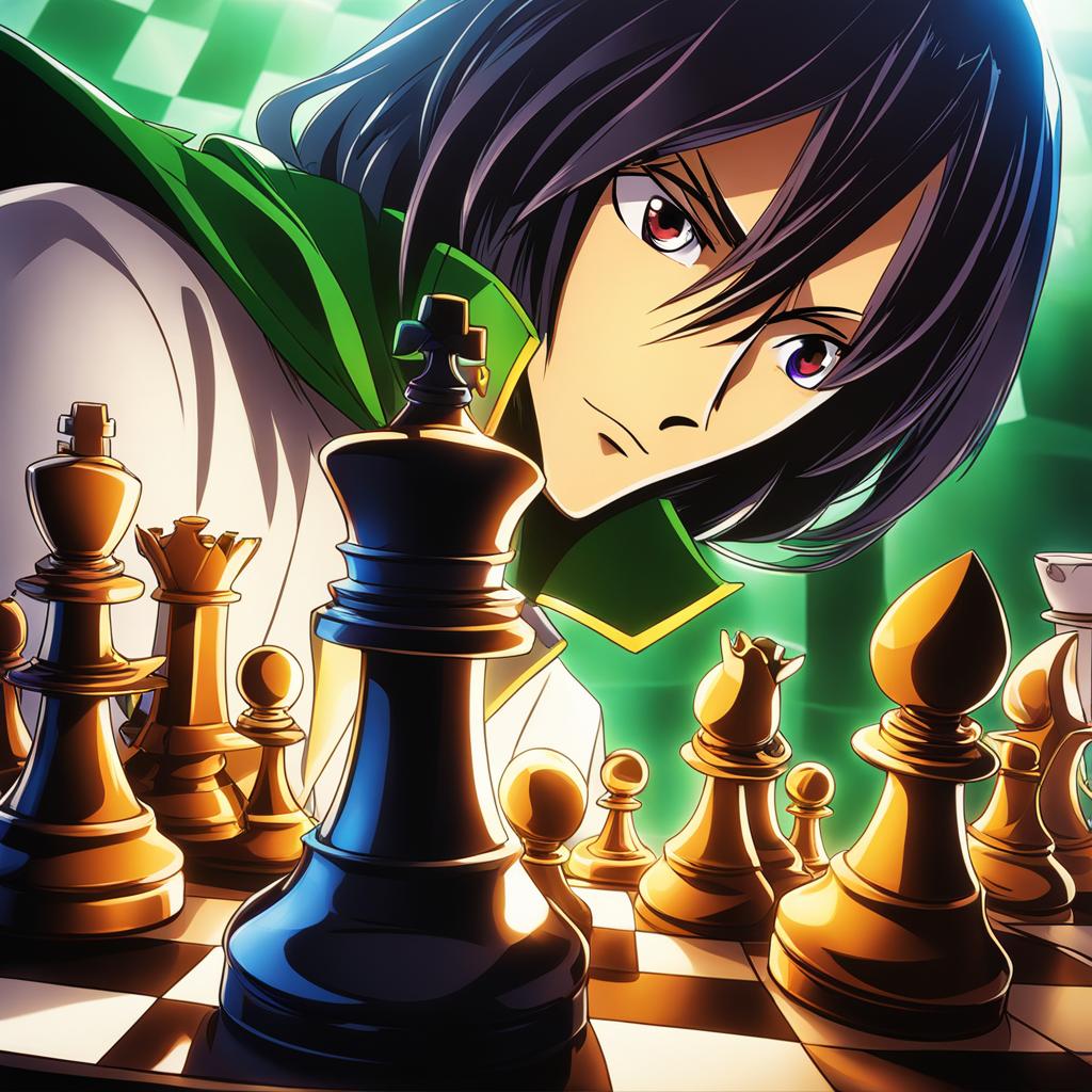 code geass,lelouch lamperouge,executing his brilliant tactical strategies,a high-stakes chess match hyperrealistic, intricately detailed, color depth,splash art, concept art, mid shot, sharp focus, dramatic, 2/3 face angle, side light, colorful background