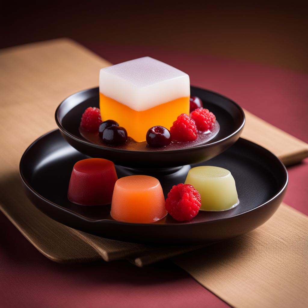 anmitsu, a traditional japanese dessert with agar jelly, fruit, and red bean paste. 