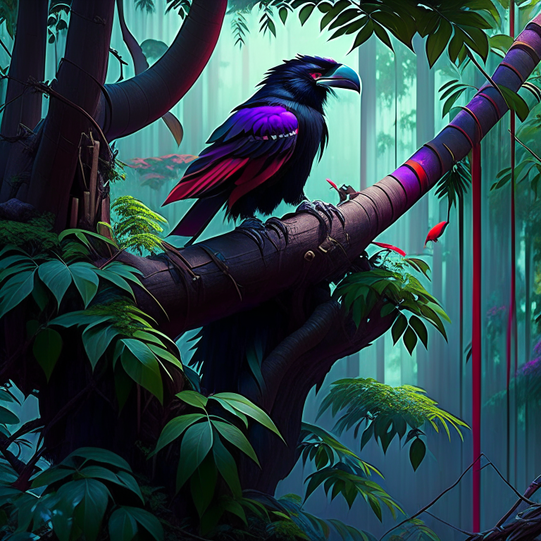 tengu, the cunning crow demon, perched on a towering tree in a secluded bamboo forest. 