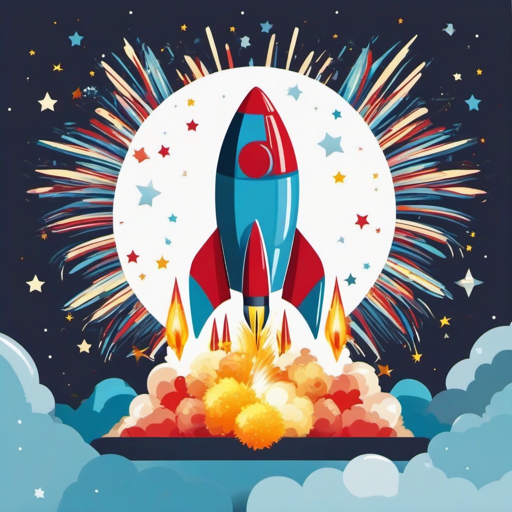 Rocket launching with fireworks clipart.  vector style illustration, white background