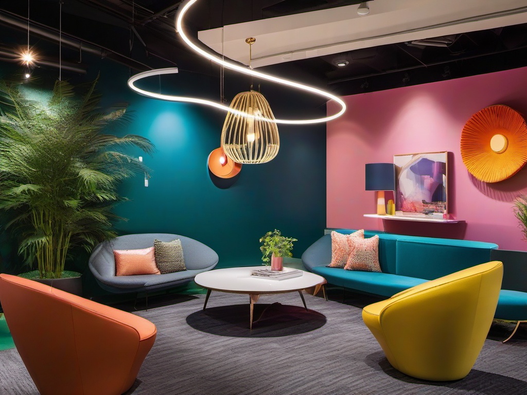 In the office break room, cosmic chic interior design includes bright furniture, playful decor, and ambient lighting that encourages relaxation and socialization among employees.  