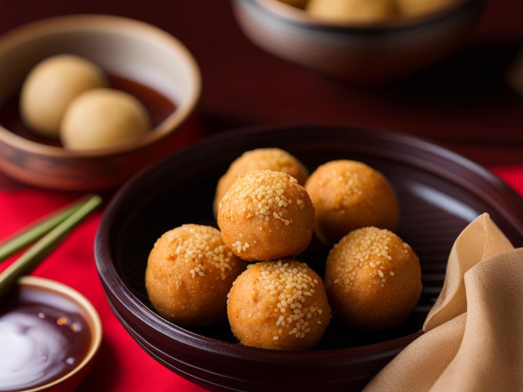 sesame balls, chinese sweet dumplings, savored at a lantern-lit mid-autumn festival. 