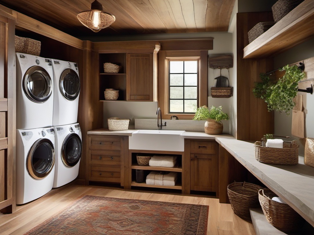 Rustic laundry room highlights wooden cabinetry, a farmhouse sink, and natural stone accents, evoking a cozy and charming retreat for laundry.  