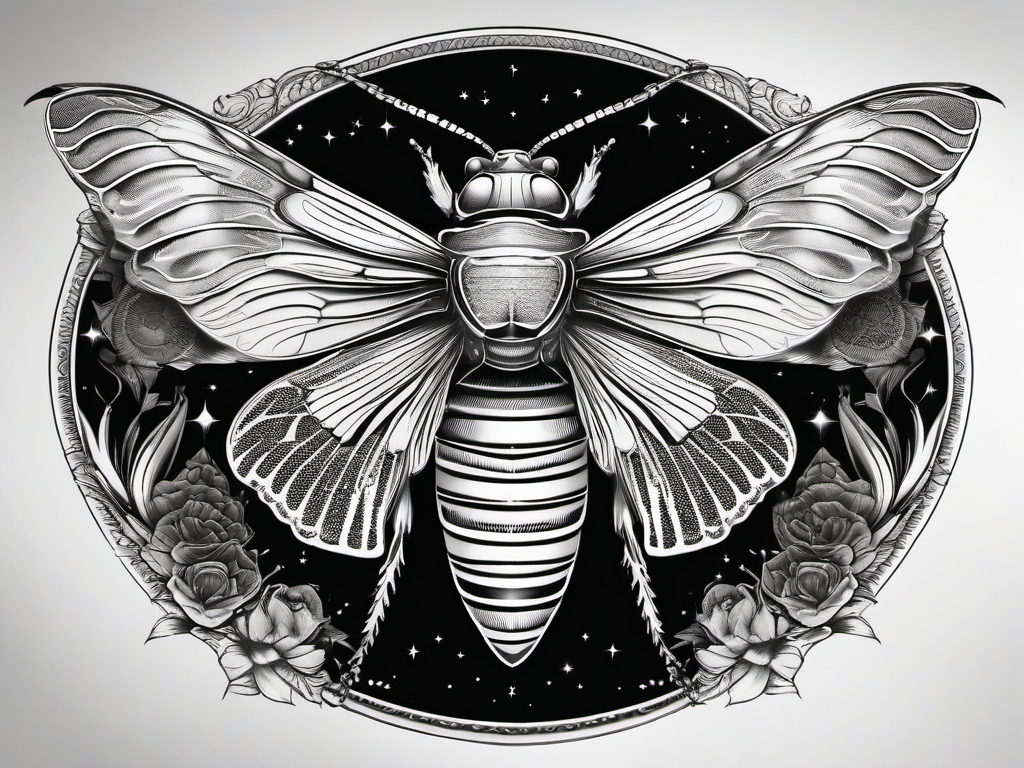 Cicada with celestial elements tattoo: Celestial connection etched gracefully in art.  black white tattoo, white background