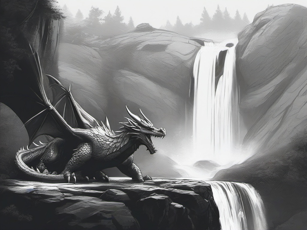 drawing of a full-body dragon beside a waterfall  minimal rough sketch scribbles,doodles,black and white