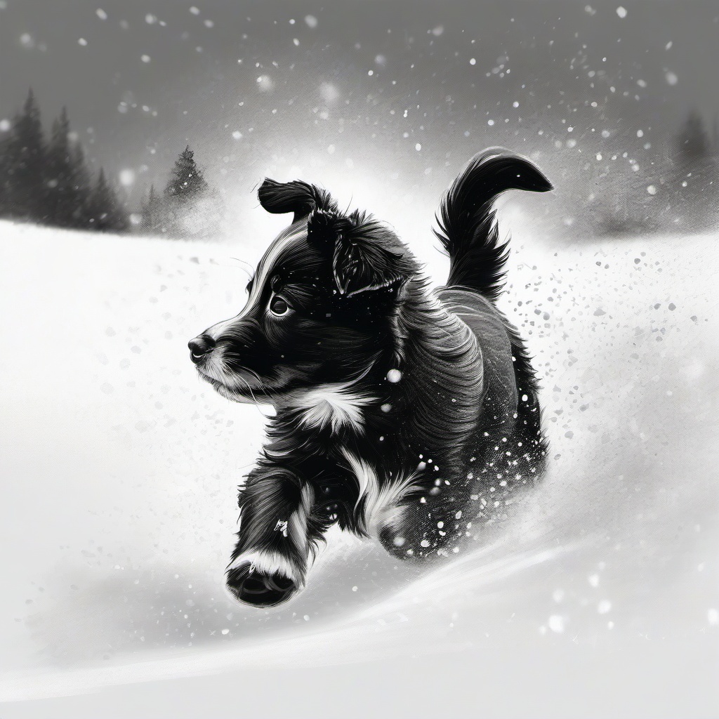 drawing of a puppy playing in the snow  minimal rough sketch scribbles,doodles,black and white