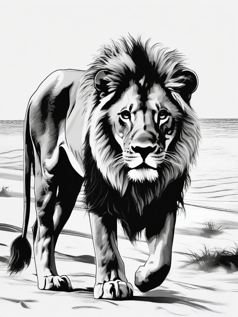 drawing of a lion in beach  minimal rough sketch scribbles,doodles,black and white