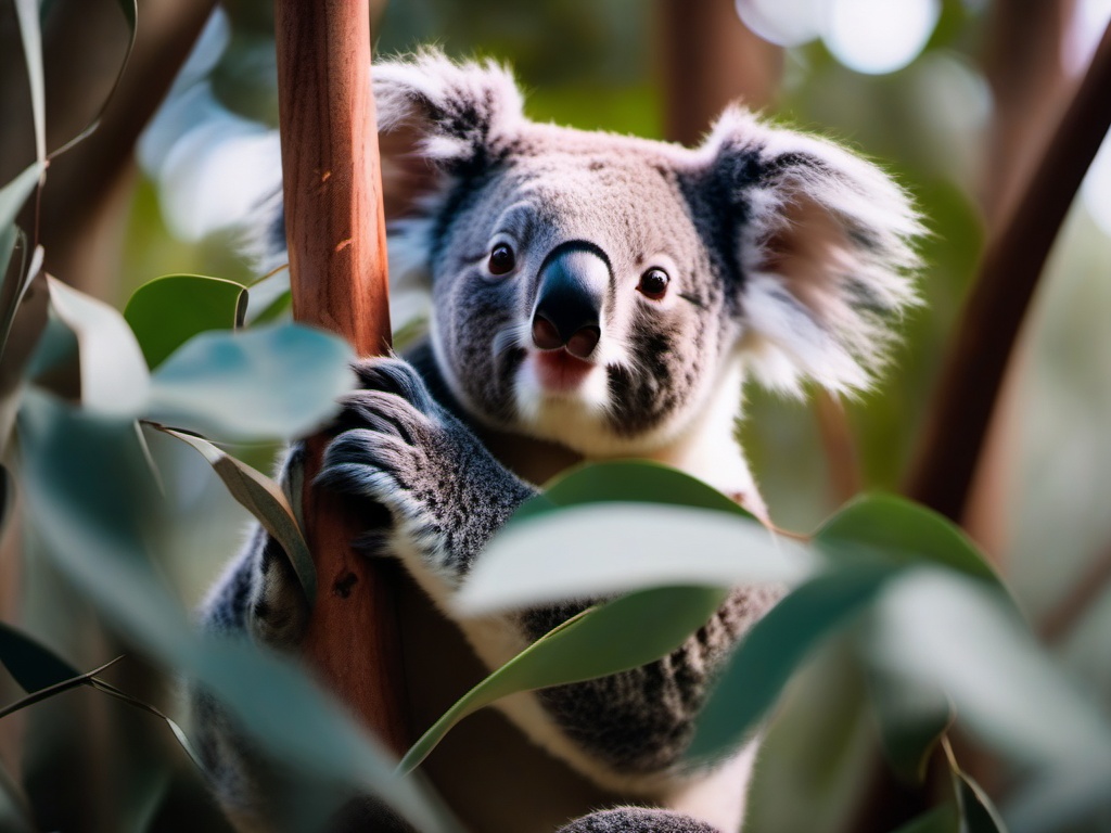 Cute Koala Navigating an Eucalyptus Canopy 8k, cinematic, vivid colors