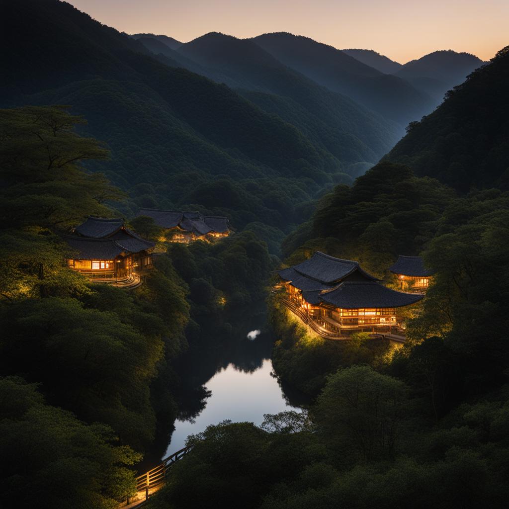 iya valley - illustrate the secluded iya valley at night, where vine bridges and traditional thatched-roof houses blend harmoniously with the dark, forested landscape. 