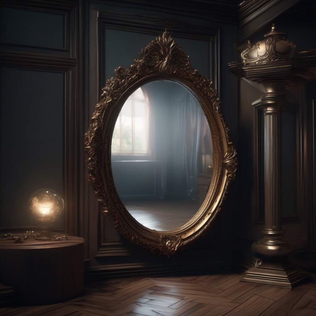 Cursed mirror grants wishes but distorts them in cruel and unintended ways, causing chaos.  8k, hyper realistic, cinematic