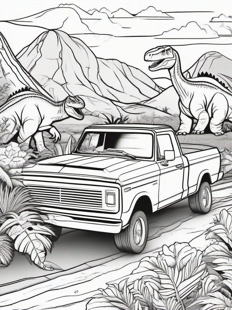 Car with Dinosaurs Coloring Pages - Fun Scene with Cars and Dinosaurs  minimal black outline printable sheet, coloring page