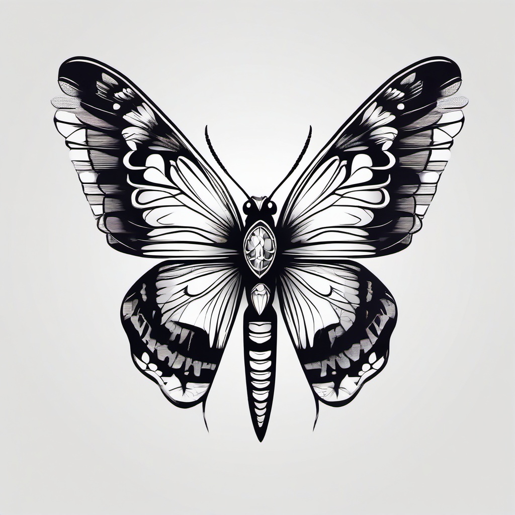 Moth and Magpie Tattoo - Infuse mystique and symbolism into your tattoo with a design featuring a moth and a magpie, symbolizing transformation and communication.  simple vector color tattoo, minimal, white background