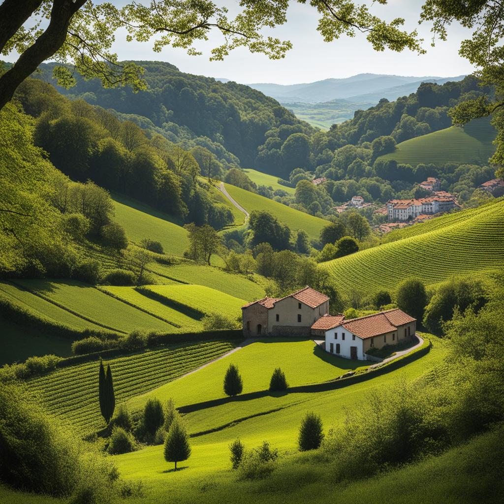 hidden charms of the pays basque - create an artwork that conveys the hidden charms of the pays basque, with its unique culture and lush landscapes. 