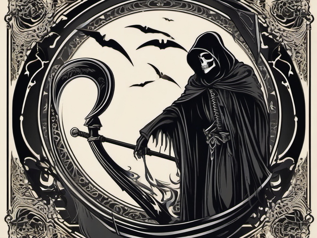 Grim Reaper Tattoo Design-Eerie and symbolic tattoo featuring the Grim Reaper, representing death and the afterlife with intricate design elements.  simple color vector tattoo