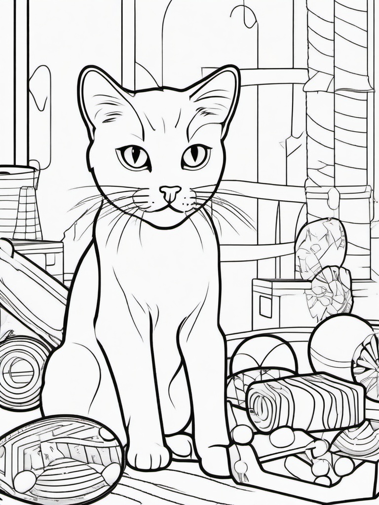 Cat with Toys Coloring Pages - Feline Playing with Fun Objects  minimal black outline printable sheet, coloring page