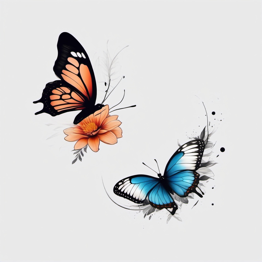 half flower half butterfly tattoo  simple color tattoo, minimal, white background