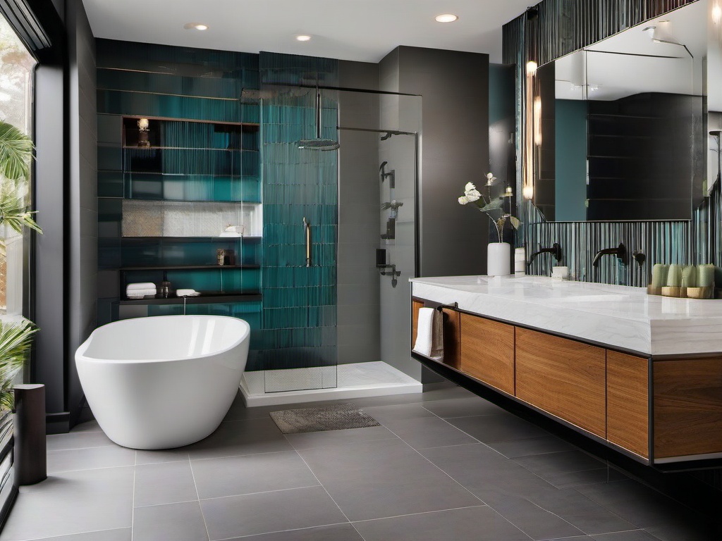 A bathroom with urban modern interior design features a glass shower, floating vanity, and bold tile choices that turn the space into a contemporary oasis.  