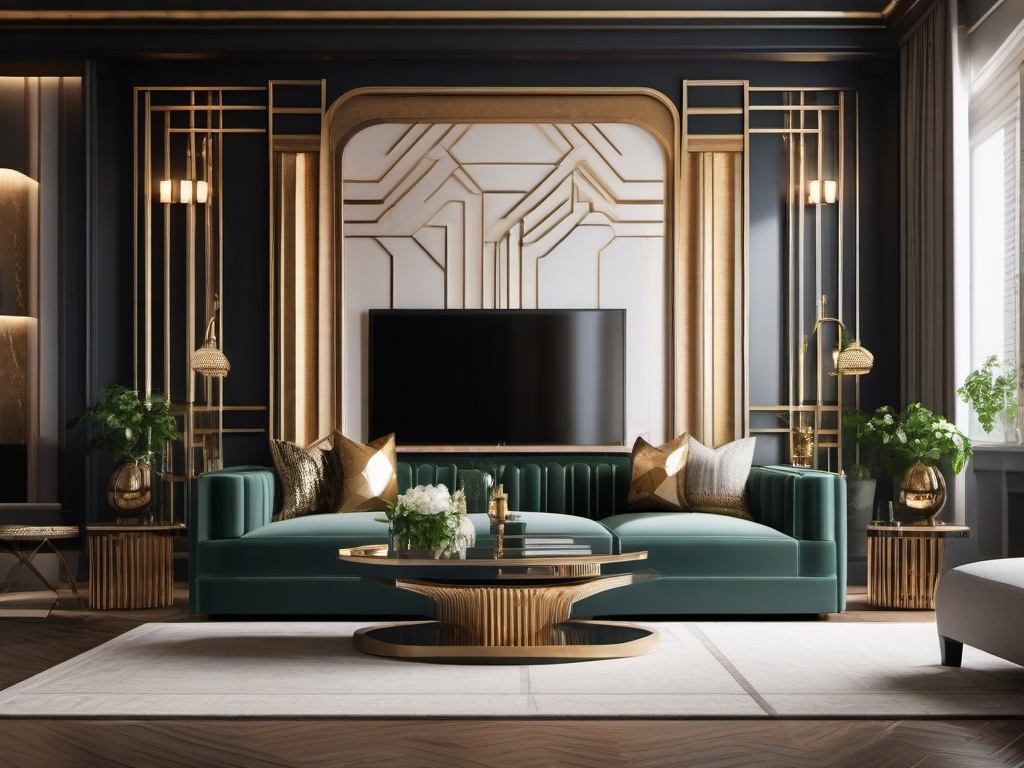 Art Deco Living Room - Art Deco masterpiece with geometric patterns and metallic finishes. realistic, professional photography, bokeh, natural lighting, canon lens, shot on dslr 64 megapixels sharp focus