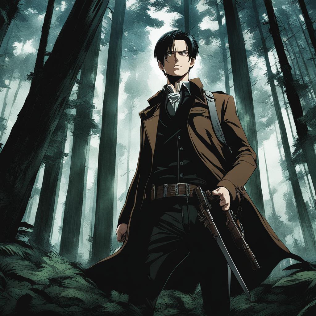 levi ackerman maneuvers gracefully through a dense forest while taking down titans. 