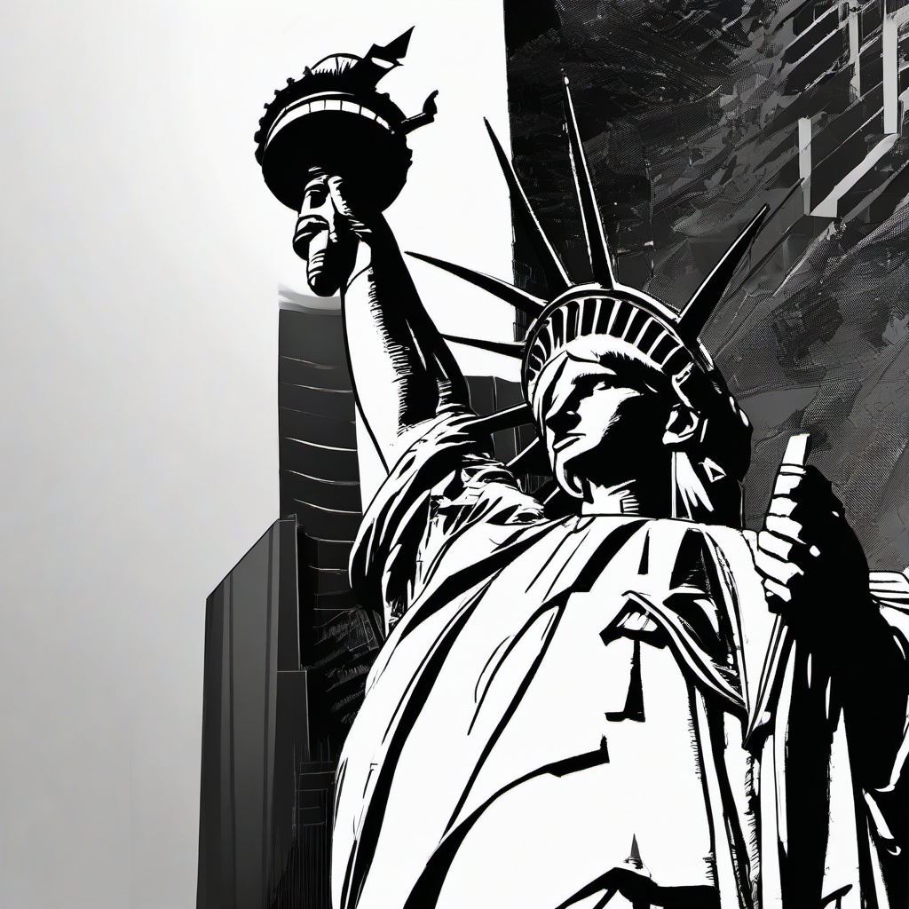 drawing of statue of liberty  minimal rough scribbles,doodles,black and white