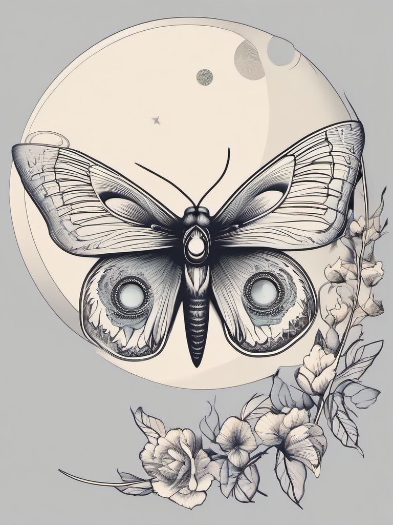 Moth and Moon Tattoo - Symbolize mystery and transformation with a tattoo featuring a moth and the celestial moon in a harmonious and enchanting design.  simple vector color tattoo, minimal, white background