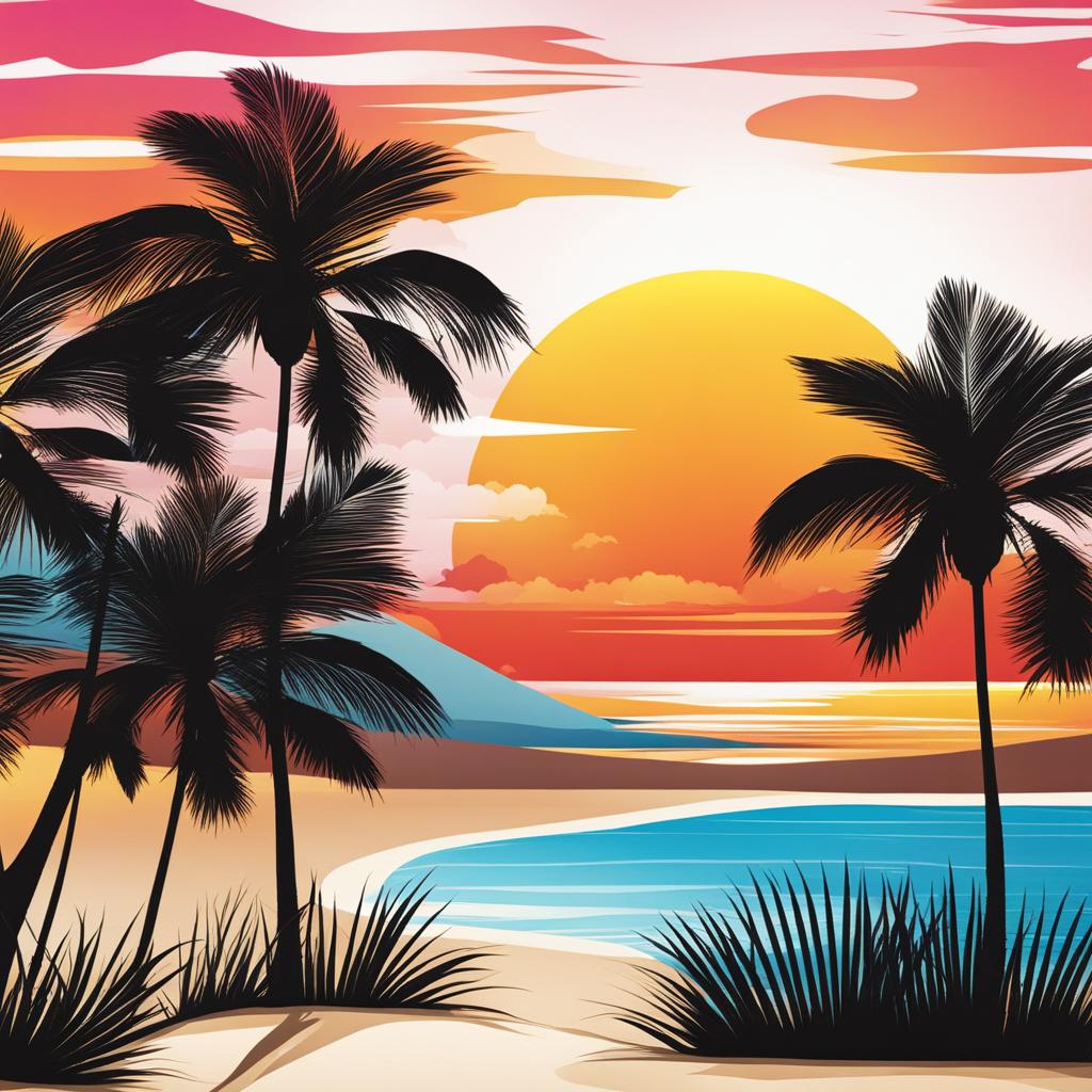 summer clip art - vibrant summer scene with sun, beach, and palm trees 