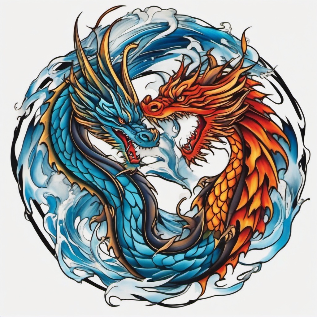 fire and water dragon tattoo  simple color tattoo,white background