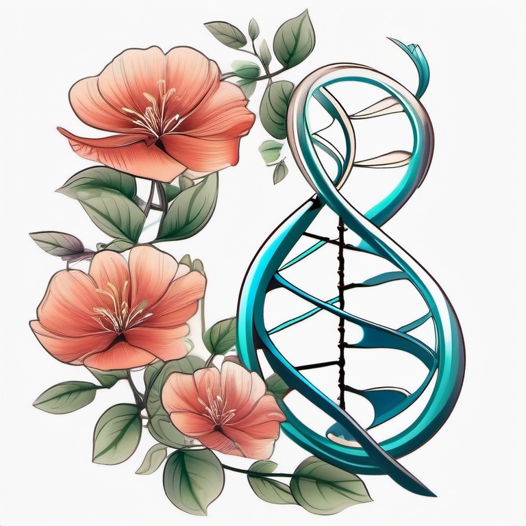 DNA Tattoo,DNA Blossoming Flower - Symbolize growth and life with a tattoo featuring a blossoming flower intertwined with DNA.  outline color tattoo,minimal,white background