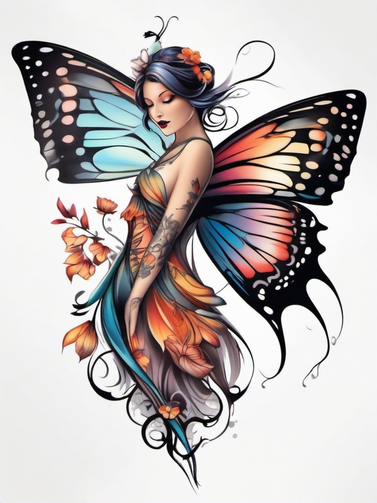 butterfly fairy tattoo  simple color tattoo style,white background