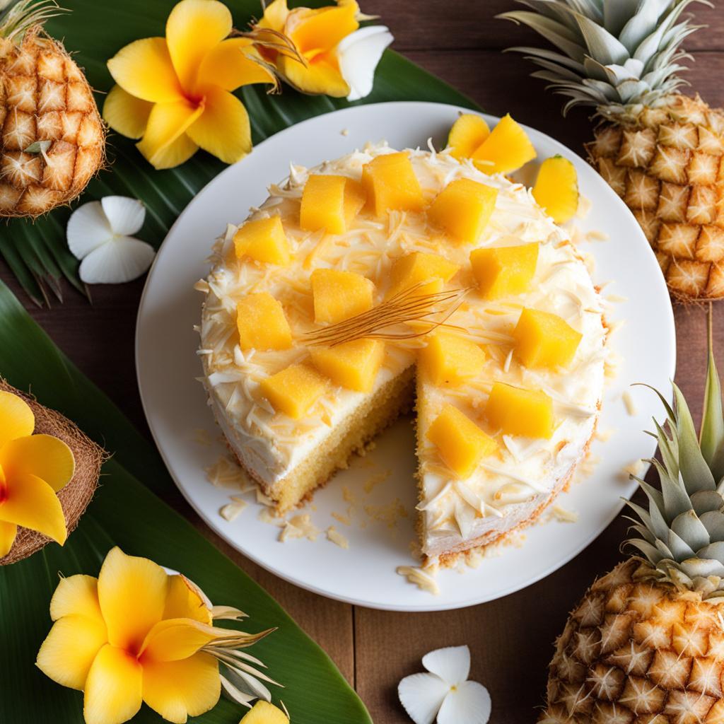 coconut pineapple cake with toasted coconut flakes, relished at a tropical luau. 