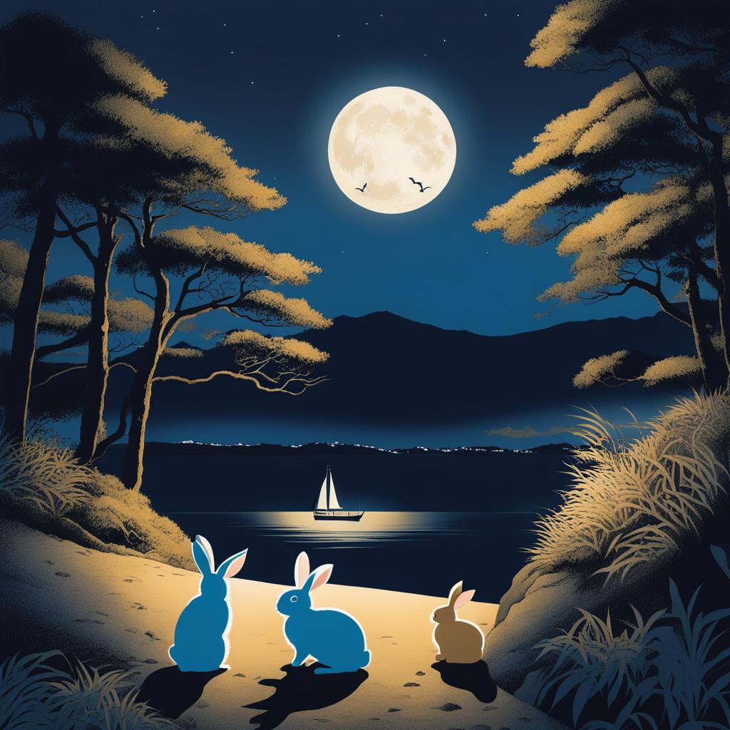 okunoshima island - illustrate the tranquil night on okunoshima island, also known as rabbit island, with fluffy bunnies under the moonlight. 