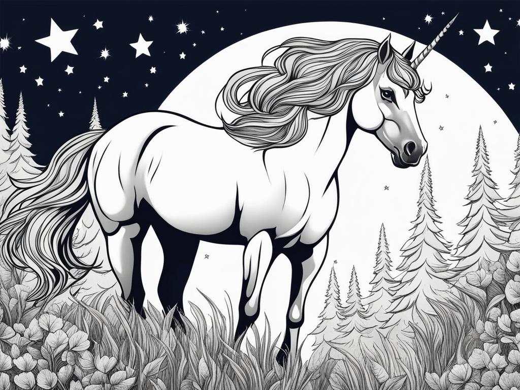 unicorn coloring pages - mysterious unicorn disappearing into the shadows of a moonlit night, its magical aura concealed. 