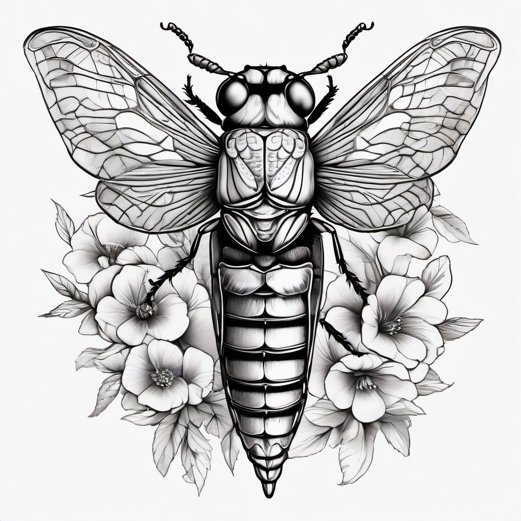 Cicada with floral details ink: Blooms of delicate beauty surrounding the insect.  black white tattoo, white background