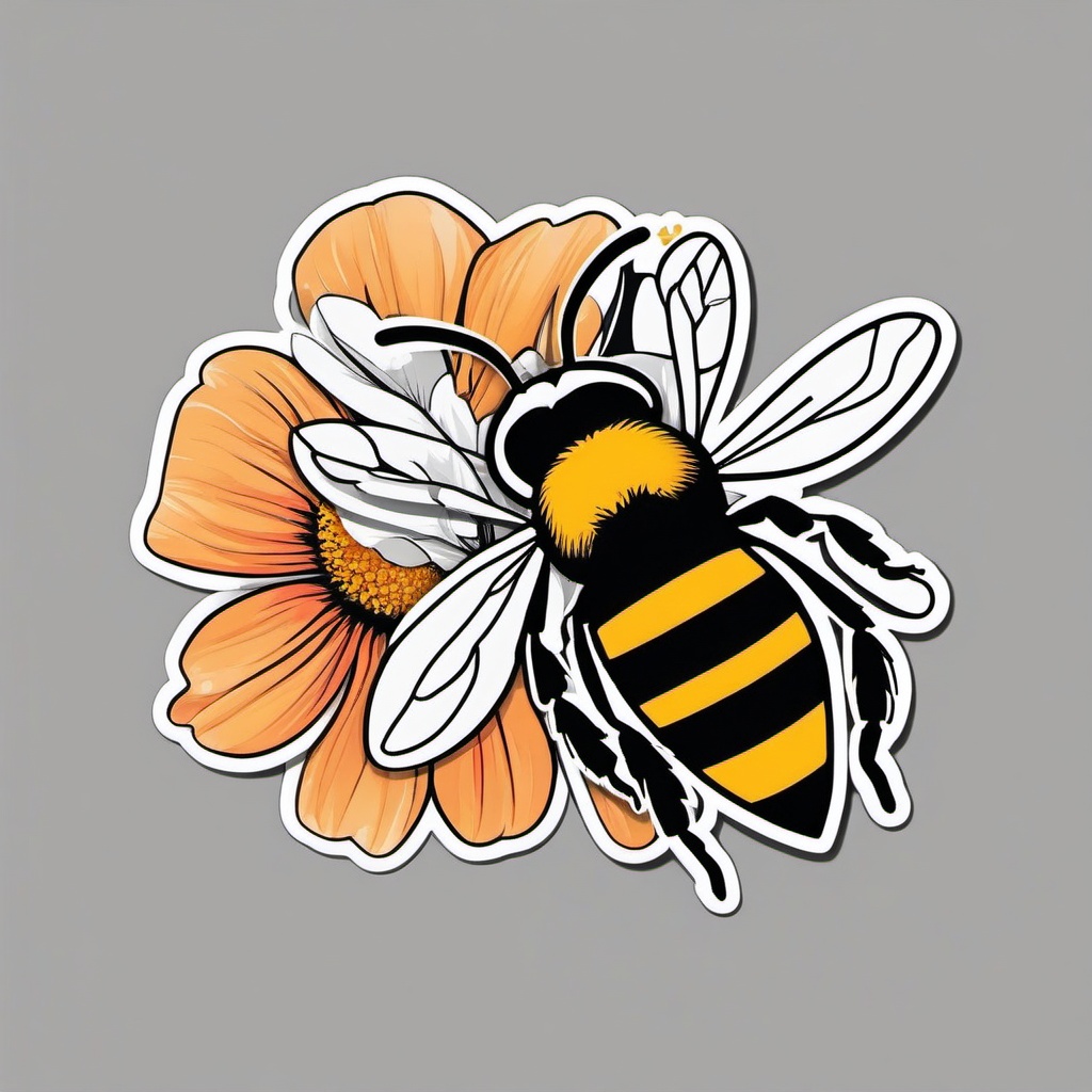 Bee with Flower Sticker - Bee hovering near a blooming flower, ,vector color sticker art,minimal