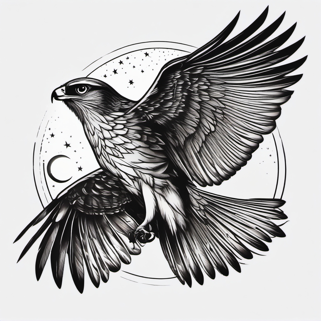 Sparrowhawk tattoo against a mystical night sky, embodying wisdom, with a hint of eagle.  color tattoo style, minimalist design, white background