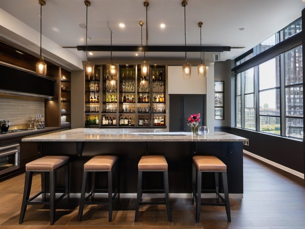 In the bar room, urban modern interior design includes stylish bar stools, sleek countertops, and industrial accents that create a chic environment for socializing and celebration.  