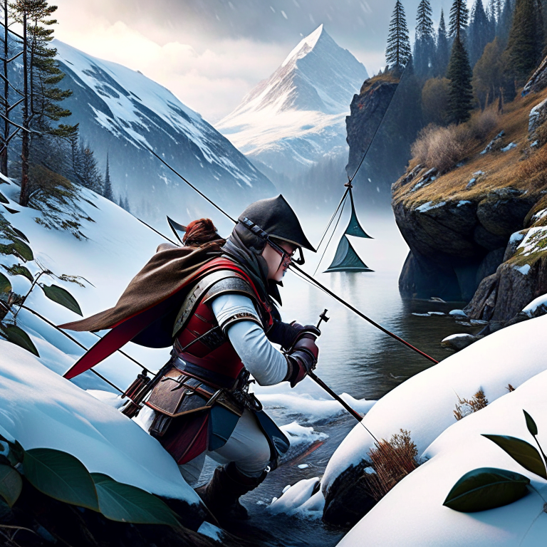 swift scout navigating treacherous terrain, armed with bow and dagger. 