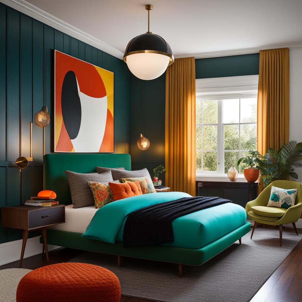 retro-inspired bedroom with mid-century modern furniture and bold colors. 