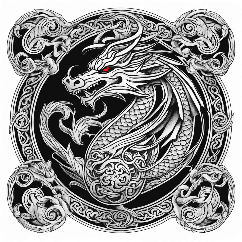 Dragon Viking tattoo, Tattoos featuring dragons in the Viking art style.  color, tattoo style pattern, clean white background