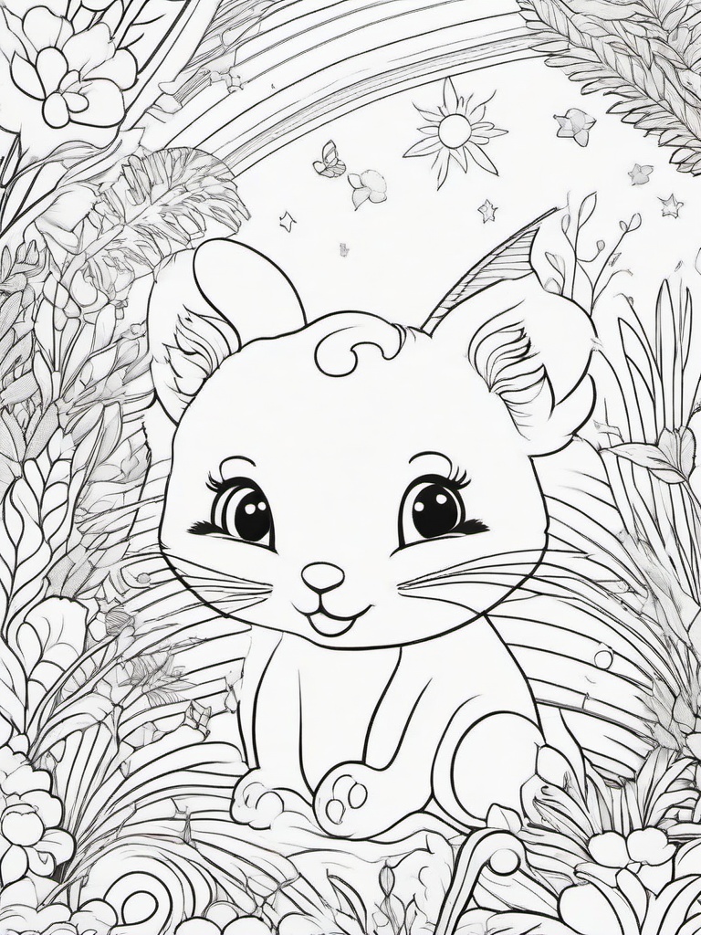 Rainbow Coloring Page - Playful rainbow surrounded by enchanted creatures.  easy,simple,minimal,coloring pages,black and white outline