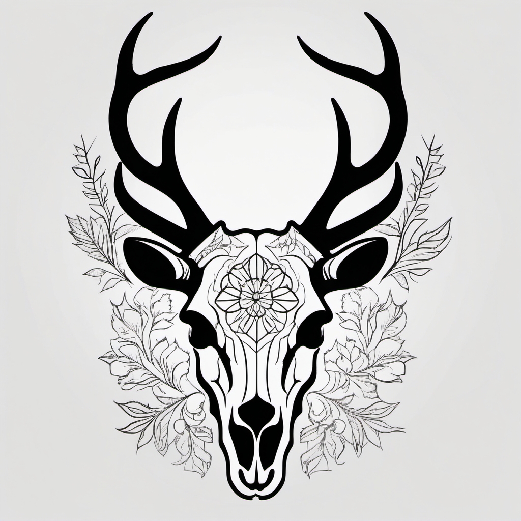 Elegant deer skull silhouette, minimalistic nature tribute.  black and white tattoo style